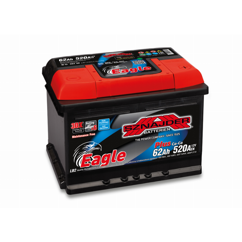 [SZE62RL] AKUMULIATORIUS SZNAJDER EAGLE CALCIUM PLUS LOW 12V/62AH/520A EN 56258